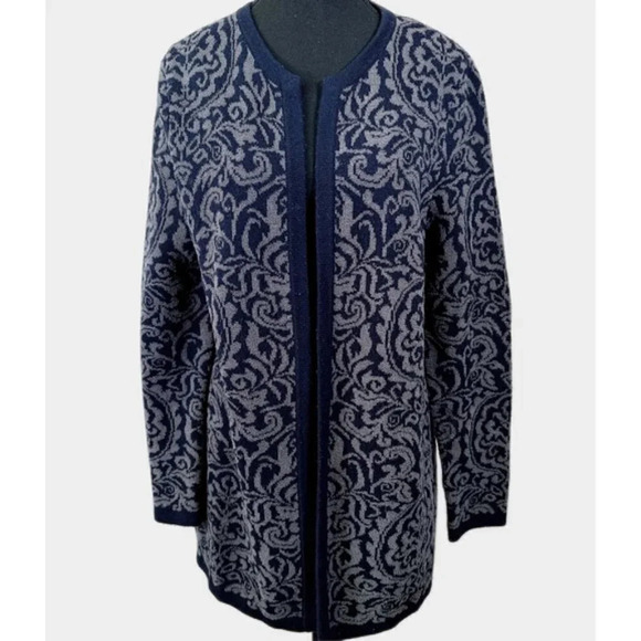 Talbots Sweaters - Talbots Open Front Cashmere Blend Navy Jacquard Cardigan